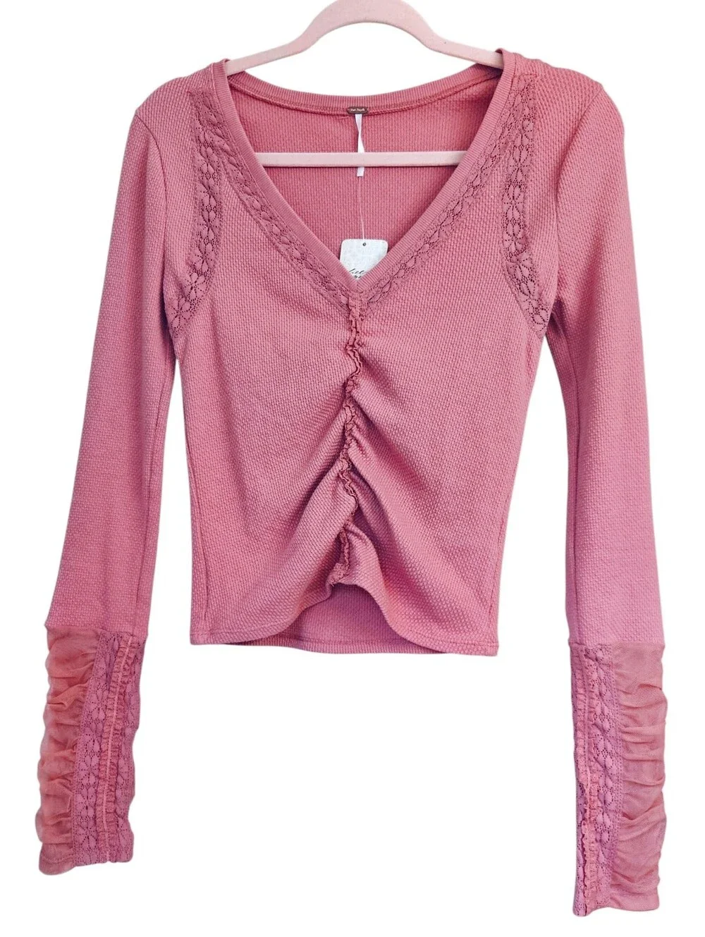 Free People Wear Me Out Ruched Long Sleeve Lace Thermal in Rose Smoke XS NWT